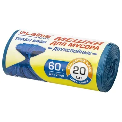 Мешки для мусора LAIMA "ULTRA" 60 л синие, в рулоне 20 шт. прочные, ПВД 25 мкм, 60х70 см, 607687