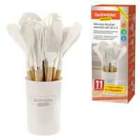 Набор силиконовых кухонных принадлежностей с деревянными ручками 12 в 1, молочный, DASWERK (ДАСВЕРК), 608193