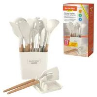 Набор силиконовых кухонных принадлежностей с деревянными ручками 13 в 1, молочный, DASWERK (ДАСВЕРК), 608196