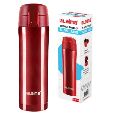 Термокружка 470 мл из нержавеющей стали SUS304, взрывной тёмно-красный металлик, LAIMA, 608822
