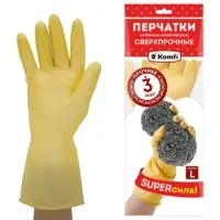 Перчатки МНОГОРАЗОВЫЕ латексные SUPER СИЛА СВЕРХПРОЧНЫЕ, бежевые, размер 8-9, L (большой), вес 98 г, Komfi, ADM, 20074