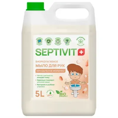 Мыло жидкое гипоаллергенное 5 л, SEPTIVIT "Миндальное молочко", биоразлагаемое