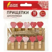 Прищепки декоративные "Сердечки", 10 штук, 3,5 см, ассорти, со шпагатом, ОСТРОВ СОКРОВИЩ, 662674