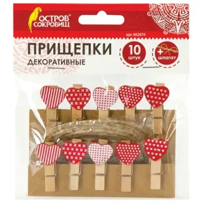 Прищепки декоративные "Сердечки", 10 штук, 3,5 см, ассорти, со шпагатом, ОСТРОВ СОКРОВИЩ, 662674