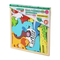 Пазл деревянный развивающий для детей "Дикие животные", 17х17 см, BRAUBERG KIDS, 665250