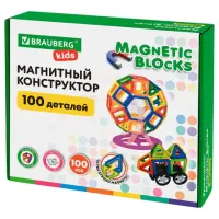 Магнитный конструктор MAGNETIC BLOCKS, 100 деталей, 2 колесные базы, карусель, BRAUBERG KIDS, 665720
