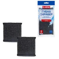 Губка-скрабер 11х10х1,5 см, поролон + металлическая оплетка КОМПЛЕКТ 2 штуки, посуда, уборка, LAIMA, 700058