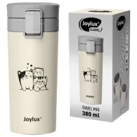 Термокружка 380 мл JOYLUX (ДЖОЙЛЮКС) CLASSIC CAT, нержавеющая сталь SUS304, бежевый с принтом, 700272