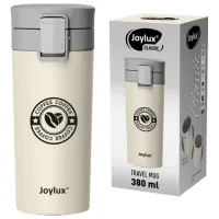 Термокружка 380 мл JOYLUX (ДЖОЙЛЮКС) CLASSIC COFFEE, нержавеющая сталь SUS304, бежевый с принтом, 700273
