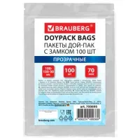 Пакеты дой-пак с замком ZIP LOCK, прозрачные, 100х150 + 30 мм, КОМПЛЕКТ 100 штук, 70 мкм, BRAUBERG, 700695