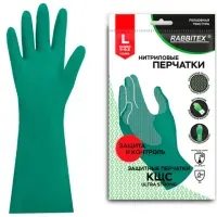 Перчатки нитриловые КЩС, ULTRA STRONG, хим. устойчивые, с хлопковым напылением, зеленые, р-р 9-9,5 L (большой), RABBITEX (РАББИТЕКС), 700912