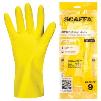 Перчатки латексные SCAFFA "Луч", КЩС-2, хлопчатобумажное напыление, размер 9, L (большой), желтые, 00-01017718