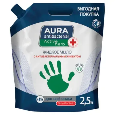 Мыло жидкое антибактериальное для всей семьи 2,5 л, AURA ANTIBACTERIAL "Алоэ вера", дой-пак, 13767