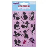 Наклейки гелевые "Кошки", многоразовые, с блестками, 10х15 см, ЮНЛАНДИЯ, 661823