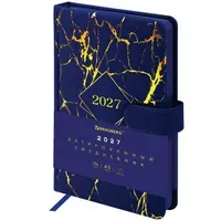 Ежедневник датированный 2027, А5, 138x213 мм, BRAUBERG "Goldy", под кожу, цветной срез, синий, 117897