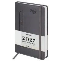 Ежедневник датированный 2027, А5, 138x213 мм, BRAUBERG "Optimal", под кожу, резинка, держатель для ручки, серый, 117933