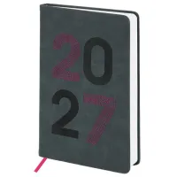 Ежедневник датированный 2027, А5, 138х213 мм, BRAUBERG "Scripted", под кожу, вышивка, серо-голубой, 118024