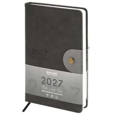 Ежедневник датированный 2027, А5, 138х213 мм, BRAUBERG "Solana", под кожу, кнопка, черный, 118218
