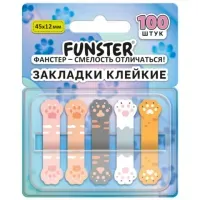 Закладки клейкие Z-сложения FUNSTER (ФАНСТЕР) "Лапки котов", 45х12 мм, 100 шт. (5 цветов х 20 листов), в диспенсере, 116691