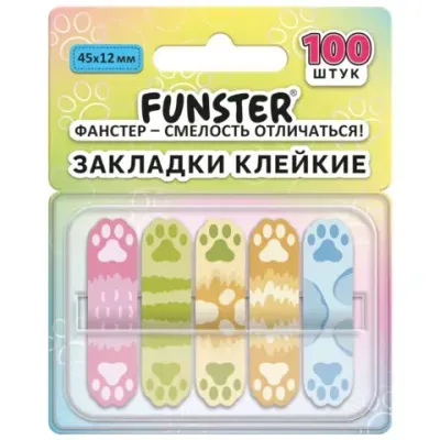 Закладки клейкие Z-сложения FUNSTER (ФАНСТЕР) "Лапки собак", 45х12 мм, 100 шт. (5 цветов х 20 листов), в диспенсере, 116693