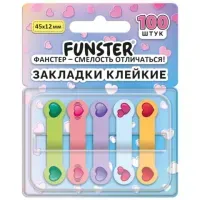 Закладки клейкие Z-сложения FUNSTER (ФАНСТЕР) "Сердечки", 45х12 мм, 100 шт. (5 цветов х 20 листов), в диспенсере, 116704