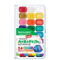 Краски акварельные BRAUBERG KIDS NEW, медовые, 24 цвета (18 базовых + 6 перламутр), квадратные кюветы, пластик. пенал с европодвесом, 192798