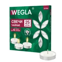 Свечи чайные литые в гильзе WEGLA (ВЕГЛА) EXTRA, до 4 часов горения, вес 10 грамм, КОМПЛЕКТ 25 штук, 702570
