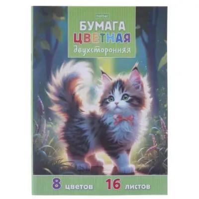 Цветная бумага А4 2-сторонняя, газетная, 16 листов, 8 цветов, на скобе, HATBER ECO, "Солнечный котик", 095794, 16Бц4_36616
