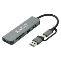 USB-хаб KG-089, Type-C 3.2 + адаптер USB-A 3.2, в/с, 5 в 1, 1 х USB-A 3.2, 2 x USB-A 2.0, 2 x SD/TF 2.0,135 мм, серый, KAIGO (КАЙГО), 355067