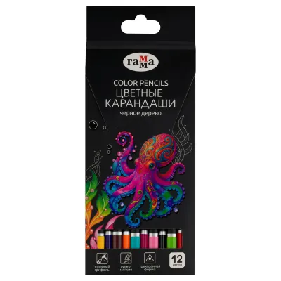 Карандаши цветные Гамма "Классические", 12цв., черное дерево,заточен., картон. упак., европодвес