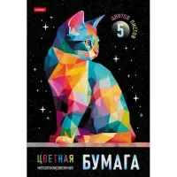 Цветная бумага А4, МЕТАЛЛИЗИРОВАННАЯ, 5 листов, 5 цветов, в папке, HATBER, 194х280 мм, "Звездный котик", 095294, 5Бц4мт_36171