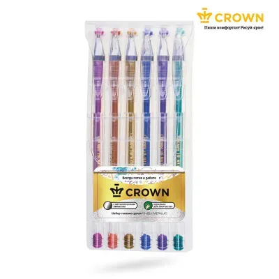 Набор гелевых ручек Crown "Hi-Jell Metallic" 6шт., 06цв., 0,7мм, металлик, ПВХ уп., европодвес