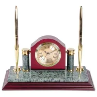 УЦЕНКА-Подставка для двух ручек Delucci с часами, зеленый мрамор/красное дерево