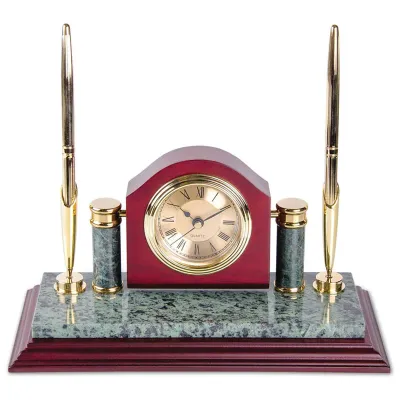 УЦЕНКА-Подставка для двух ручек Delucci с часами, зеленый мрамор/красное дерево