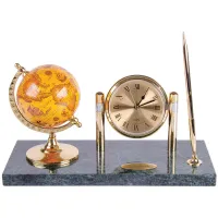 УЦЕНКА - Подставка под ручку Delucci с глобусом и часами, зеленый мрамор