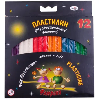 Пластилин Гамма "Флюрики", 12 цветов, флуоресцентный, со стеком, картон, европодвес
