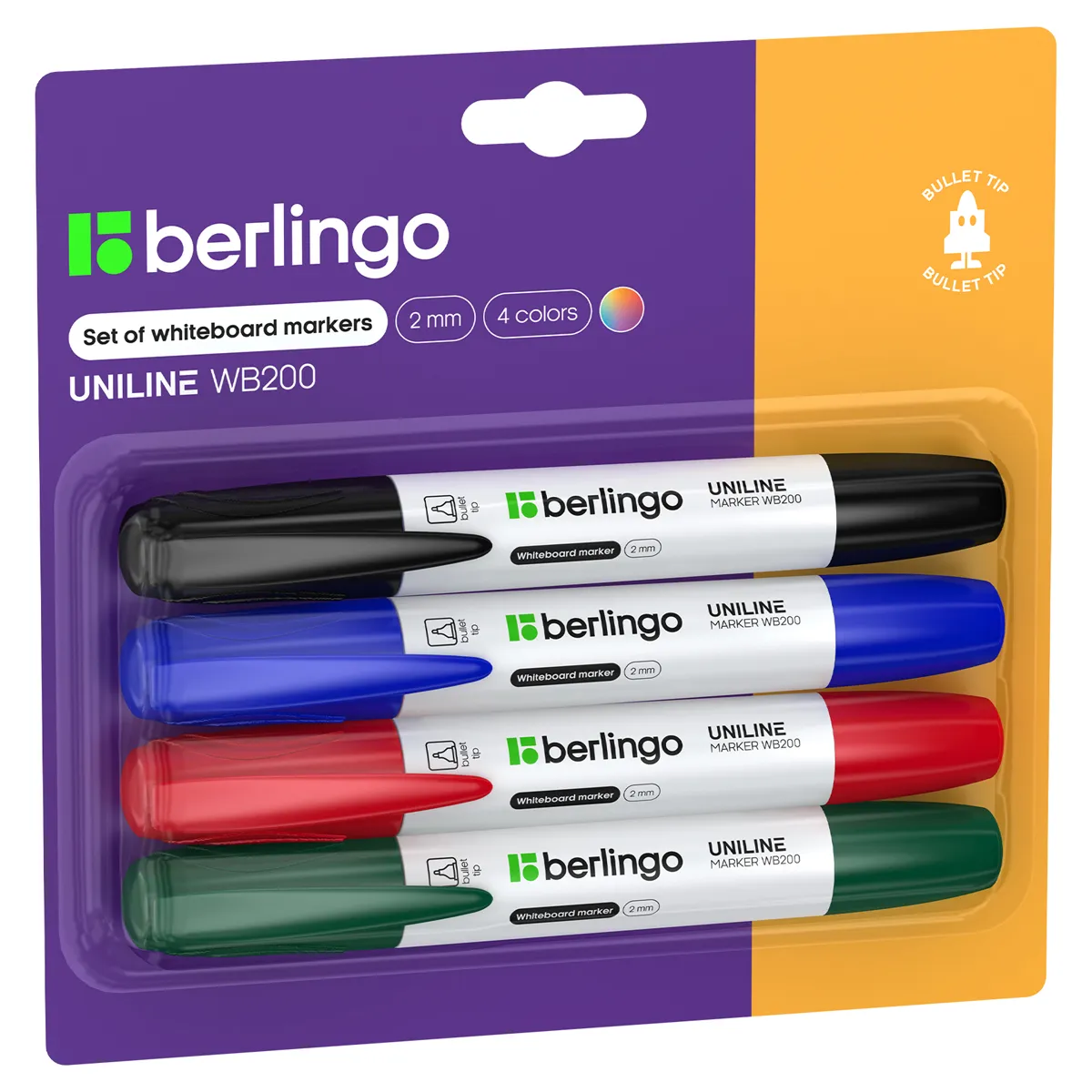 Фото товара «Набор маркеров для белых досок Berlingo "Uniline WB200" 04цв., пулевидный, 2мм, блистер»