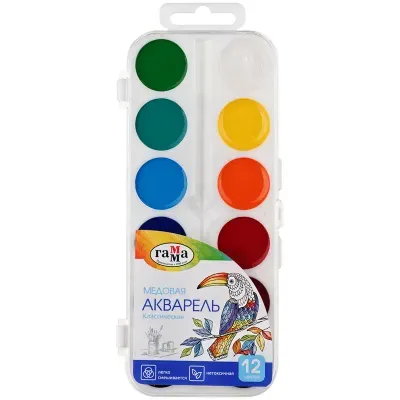 Акварель Гамма "Классическая", медовая, 12 цветов, без кисти, пластик. упак., европодвес