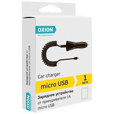 Зарядное устройство автомобильное Oxion AC106, micro USB, 1А output, 1м, витой кабель, черный