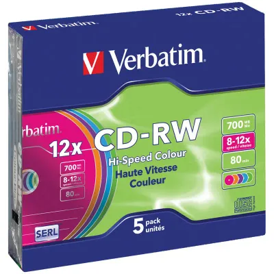 Диск CD-RW 700Mb Verbatim 8-12х Color Slim Case (5шт)