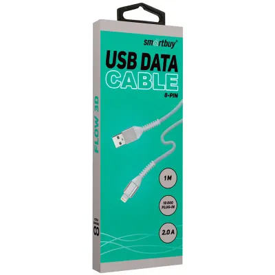 Кабель Smartbuy Flow3D, USB(AM) - Lightning(M), для Apple, в оплетке, 2A output, 1м, белый