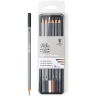 Набор чернографитных карандашей Winsor&Newton, (4В, 8В, белый мел, угольный, черный), в метал. пенале