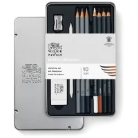 Набор чернографитных карандашей Winsor&Newton, ластик, метал точилка, растушевка, (2В, 6В, 8В - белый мел, сепия, угольный), в метал. пенале