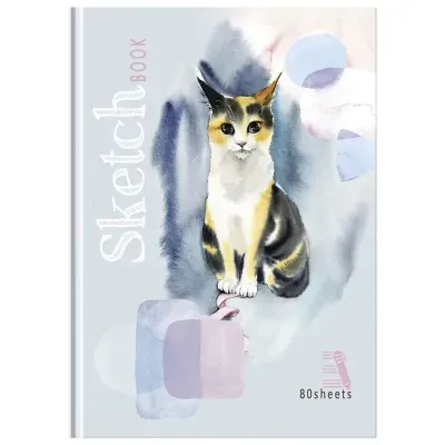 Скетчбук 80л., А5 BG "Трехцветная кошка", 7БЦ, матовая ламинация, бежевый блок, 80г/м2