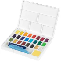 Акварель художественная Faber-Castell "Watercolours", 24цв., кюветы, + кисть "Water Brush"+ съемная палитра, пластиковая упаковка
