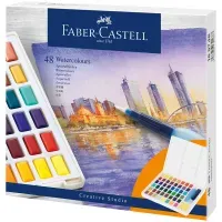 Акварель художественная Faber-Castell "Watercolours", 48цв., кюветы, + кисть "Water Brush"+ съемная палитра, пластиковая упаковка