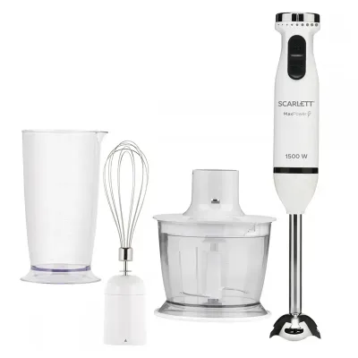 Блендер погружной Scarlett SC-HB42F85, 1500Вт, измельчитель, венчик, мерный стакан, насадка-блендер, 9 скоростей