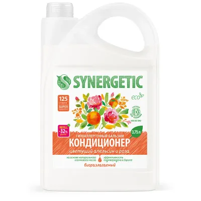 Кондиционер для белья Synergetic "Цветущий апельсин и роза", био, гипоаллерг., концентрат, канистра, 3,75л