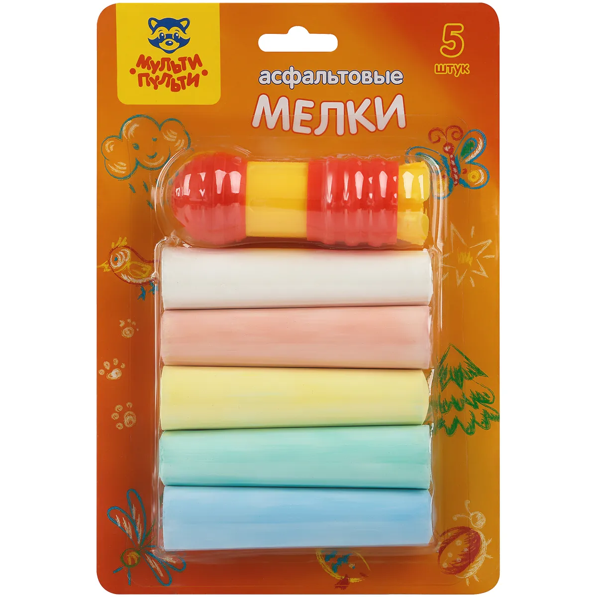 Фото товара «Мелки цветные для асфальта Мульти-Пульти, 5шт., 5цв., круглые, с держателем, блистер»