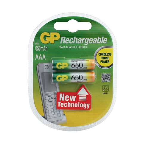 Батарейки аккумуляторные GP, AAA, Ni-Mh, 650 mAh, КОМПЛЕКТ 2 шт., блистер, 65AAAHC-2DECRC2, 65АAАНС-UC2 по низкой цене оптом 